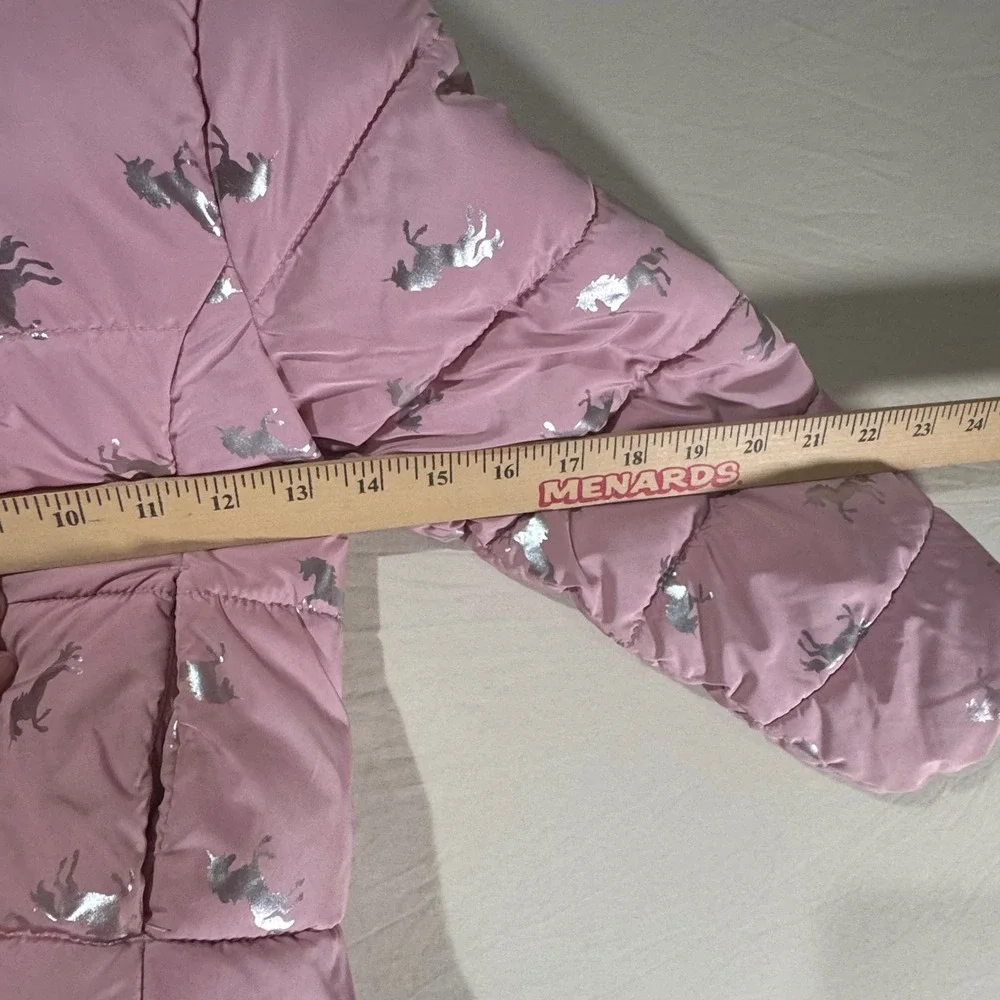 The Childrens Place Puffer Jacket Kids 5/6 Pink Excellent Unicorn Foil Print